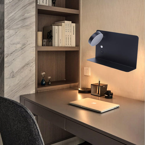 Jiabailie Sconce,7W Bedside LED Wall Mount Light with U-SB Port and Switch,Black Wall Wall Lamp with Shelf Holding