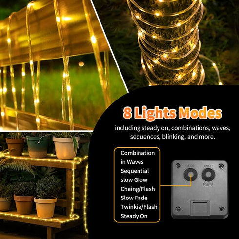 2 Pack IP65 39FT 100LEDs LairtPOW Solar Rope Light Waterproof Outdoor LED Solar Outdoor Lights for Party Garden Yard