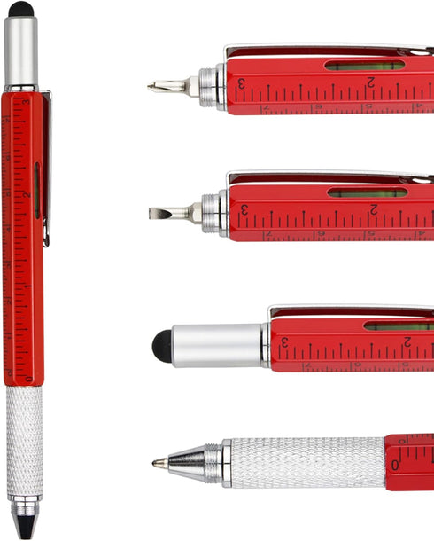 DUNBONG Metal Multi Tool Pen - 6-in-1 Stylus Pen with Screwdriver, Ballpoint Pen, Level, and Ruler in Red