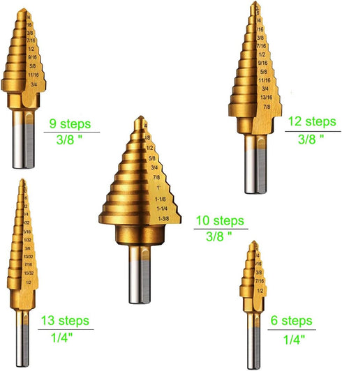 Knoweasy Step Drill Kit, 5PCS HSS Titanium Step Drill with Automatic Center Punch for Multiple Hole Drilling
