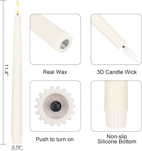 3D 11.4" 6 Pack Flameless Taper Candles with Wick, Real Wax LED Candles with Remote and Timer, Flickering Candlesticks