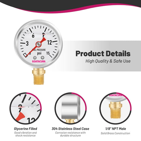Glycerin Filled Fuel Pressure Gauge 0-15psi, 1-1/2" Dial Size, 304 Stainless Steel Case, 1/8" NPT Lower Mount.