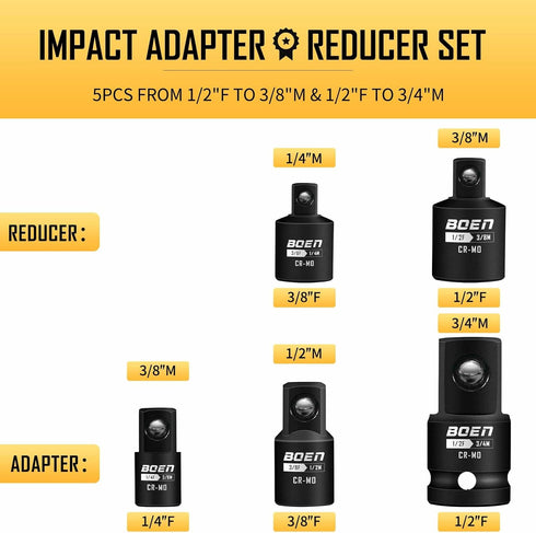 BOEN 5 Piece Impact Socket Adapter Set and Reducer Set, Standard SAE, 1/4", 3/8", 1/2" Drive Socket Adapter Set, CR-MO Steel Impact Adapter Conversion Set for Impact Driver Wrench by boen