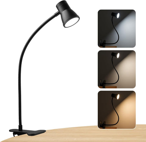 3 10 360 Eye-Caring Clip On Desk Lamp, Color Modes & Brightness LED Reading Light with Clamp, Rotatable Gooseneck