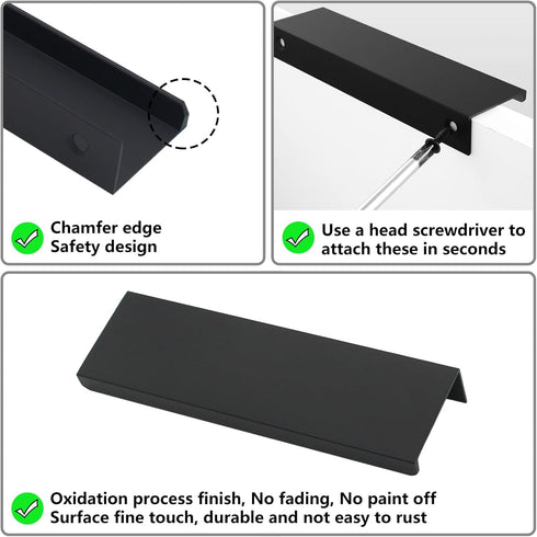 10 Pack Black Finger Pulls for Cabinets, 76mm/3inch Hole Centers, Modern Edge Pulls for Kitchen Hardware