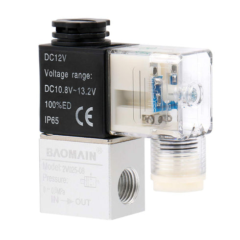 Baomain Pneumatic Solenoid Air Valve 2V025-08, DC12V 2 Way 2 Position PT1/4"