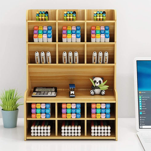 Wooden Desk Organizer, Large Capacity DIY Pen Holder Storage Box for Office, Home, School Supplies