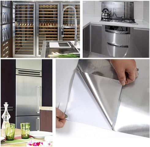 17.7''x197'' Silver Wallpaper, Stainless Steel Contact Paper Peel and Stick Waterproof Removable for Kitchen Countertop