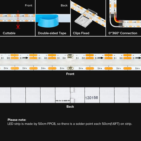 WS2811(WS2812B) 180LED/m 360IC DC5V 6.5FT 10mm BTF-LIGHTING FCOB COB IC RGB LED Strip Individual Addressable Flexible