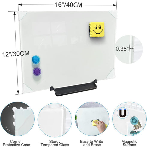 Magnetic Glass Whiteboard Desktop, 16x12" Tabletop Dry Erase Board with Adjustable Stand, Portable