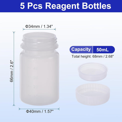 PATIKIL 5 Pcs 50ml Reagent Bottles, PE Wide Mouth Round Graduated Bottles with Screw Cap for Lab Water Reagent Liquids Solid Sample Storage Seal, Transparent White by PATIKIL