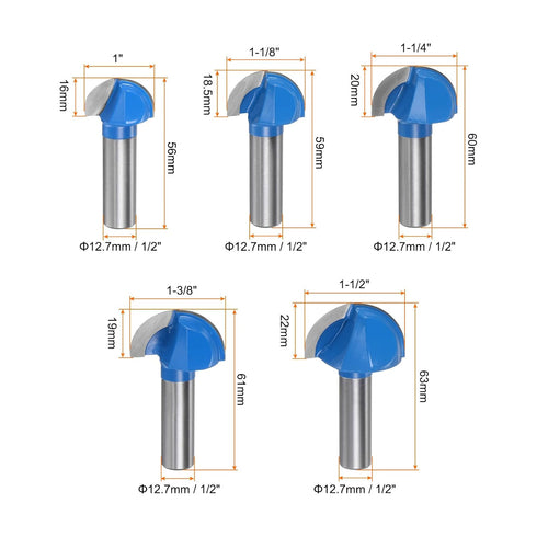 Set 1/2 1" 1-1/8" 1-1/4" 1-3/8" 1-1/2" 2 5in1 Set HARFINGTON Router Bit Core Box Shank Cutting Dia. Round Nose Router
