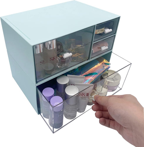 Desk Organizer with 4 Drawers, Makeup Storage Box, Plastic Sundries Organizer for Bathroom Counter or Dresser, Blue