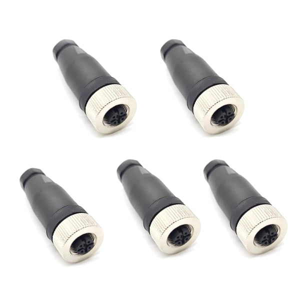 5Pcs M12 4 Pin Female Connector, Field Assembly Wireable Adapter 12mm IP67 Waterproof Straight Sensor A Code Unshielded