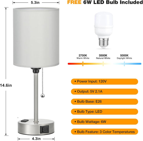 3 Dicoool Grey Bedroom Lamp for Nightstand - Color Temperature Table Lamp with USB C and A Ports, Pull Chain Bedside