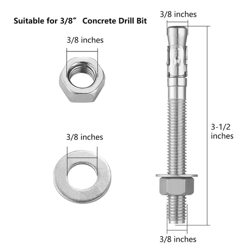 30Pcs 3/8x3-1/2" Inch Standard Fasteners for Heavy-Duty 304 Stainless Steel Wedge Anchors for Cement and Concrete