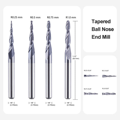 4Pcs/Pack R0.25~1.0 1/8" SpeTool Assorted Tip Tapered End Mill Cone Ball Nose Carbide Bit CNC Cutter for Carving