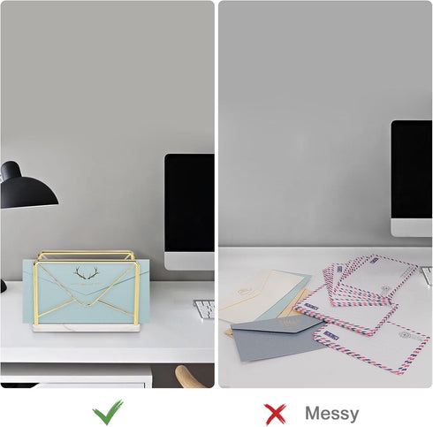 Modern Mail Holder for Home Office, Metal Letter Organizer Sorter for Desk, Marble Base, Envelope Storage Rack