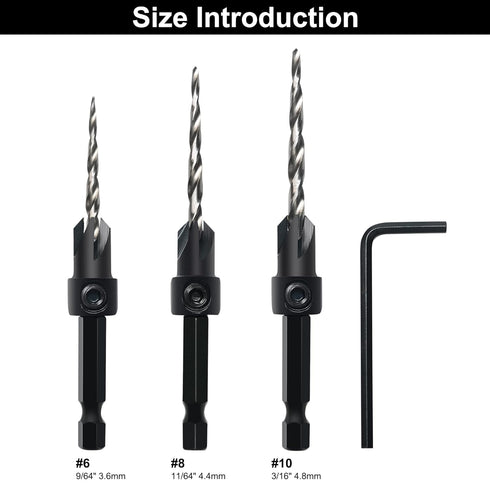 Countersink Drill Bit Set, 3Pcs Tapered Drill Bits M2 HSS, with 1/4" Hex Shank Quick Change and Allen Wrench, Counter Sinker Set for Woodworking and Carpentry, Pilot Screw Hole Set