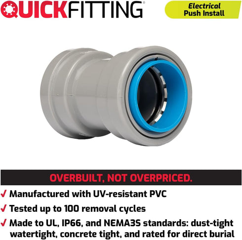 QuickFitting 3/4 inch Conduit Coupling, Push Install PVC Electrical Conduit Fitting, 10-Pack Liquid Tight Connectors