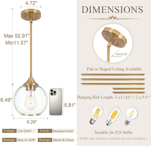 Shade,6.29" 1Light Pendant Lights Kitchen Island,Farmhouse Gold Pendant Light with Clear Glass Globe Glass Pendant