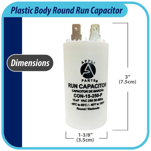 Appli Parts Run Capacitor for electric motors 15 Mfd uF (microfarads) 250VAC Plastic Case with terminals CBB60 Round Universal fit water pumps and others 3 in High 1-3/8 in Wide CON-15-250-P