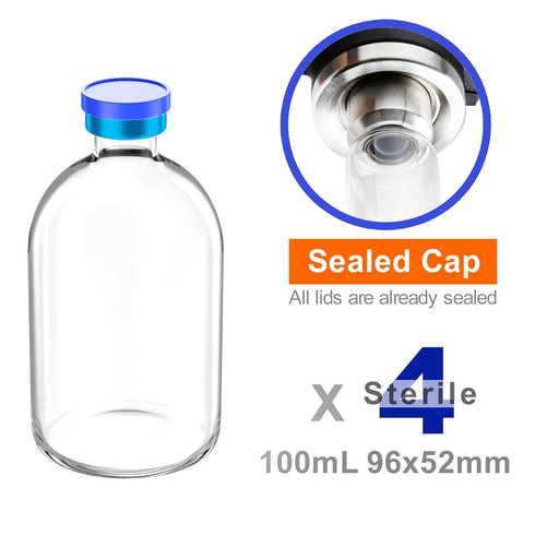 Sterile Empty Vials with Self Healing Injection Port and Aluminum Plastic Cap,Sterile Package (100ml Clear 4PCS)