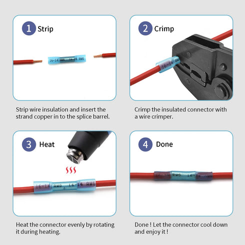 22-16 AWG Heat Shrink Butt Connectors - 100Pcs Red Crimp Waterproof Electrical Cable Wire Connector