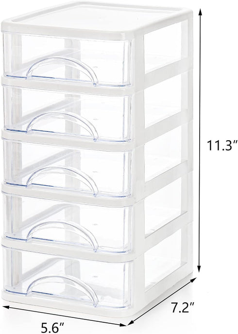 Hedume Clear Desktop Drawer, 5 Drawer Storage Unit, White Frame with Clear Drawers, Drawer Unit