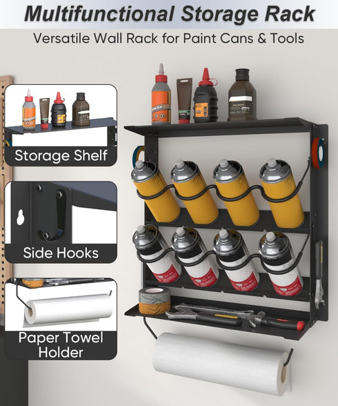 8 2 Spray Paint Can Holder with Paper Towel Holder for Home Garage Organizer, Wall Mount Paint Bottle Tool Utility