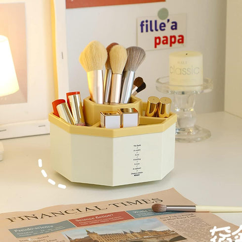 kaileyouxiangongsi 360-Degree Rotating Desk Organizer, 5 Compartments, Multi-Functional Storage Box, White+Yellow