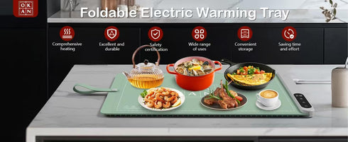 6 Settings, 23.6 inch) OKAN Electric Silicone Food Warmer Mat with Heat-Resistant Table Protector Temp Auto Shut-Off