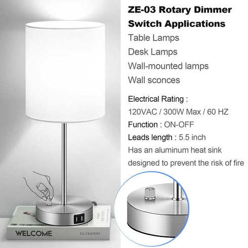 Zing Ear ZE-03A Dimmer Switch 120VAC 240VAC 300W MAX for Table Lamps, Floor Lights, Dimmable LED, Easy to Install.