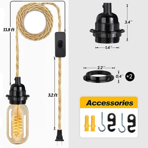 15ft, E26/E27 HESSION Rattan Wrapped Extension Hanging Lantern, Plug-in Pendant Light with Hemp Cord - Compatible