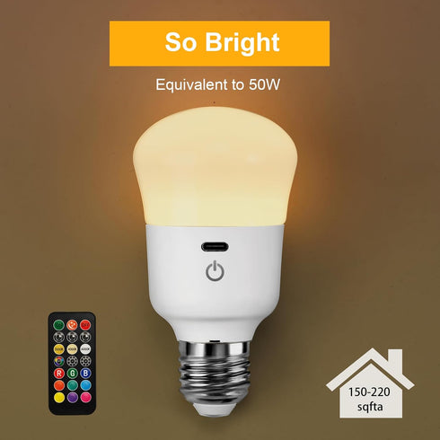 Rechargeable Light Bulb with Remote Control, 50W Equivalent, Battery Operated LED Bulbs, E26 Base, 1 Pack