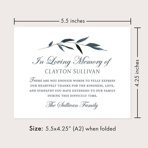 5.5x4.25 (A2) Folded Funeral Thank You Cards, Elegant Leaf Personalized Sympathy Thank You Cards with Envelopes, Blank