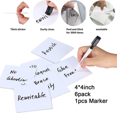 Dry Erase Sticky Notes Reusable, 4"×4", 6 Pack White Sticky Notes for Wall, PC, Wood, Bricks
