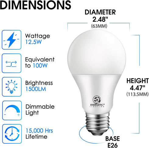 Energetic 6-Pack Dimmable LED Light Bulbs 100 Watt Equivalent, 1500 Lumens 12.5W, Warm White 3000K, E26 LED Bulb, 15000 Hrs, UL Listed by E ENERGETIC LIGHTING