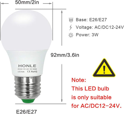 Honle E26 LED Light Bulbs 3W 12V Low Voltage Warm White 3000K E27 Edison Standard Screw Base 25W Equivalent Pack of 2 by Honle