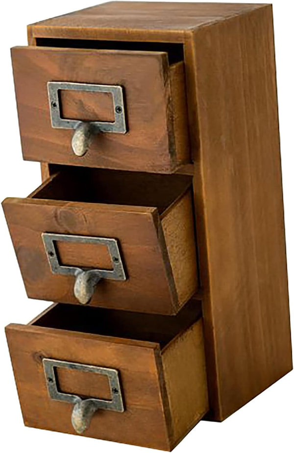 Woodaholic Vintage 3 Drawer Desktop Organizer - Rustic Card Catalog with Label Holders