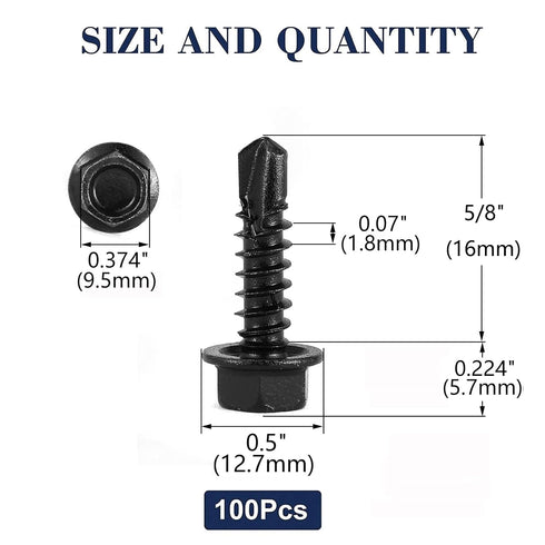 #14 x 5/8" Sheet Metal Screws, 100PCS 410 Stainless Steel Hex Washer Head Tek Screws, Black Oxide