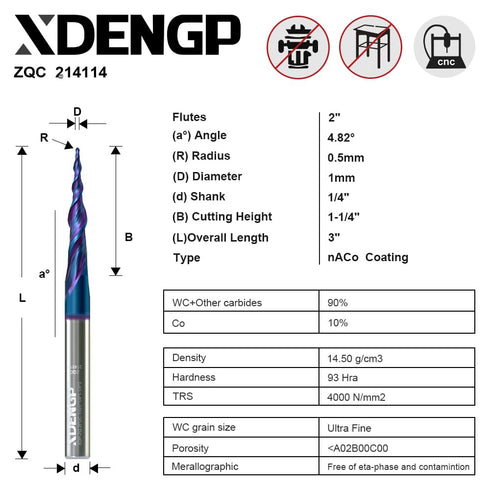 Spiral Tapered Ball Nose Router Bit for CNC: 4.82 Deg, 1 mm Tip Dia, 2 Flute, 1/4 inch Shank for Wood Carving