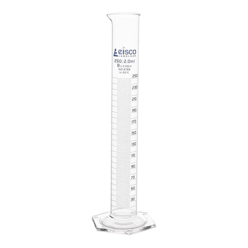 EISCO Graduated Cylinder, 250ml Class B Tolerance, Hexagonal Base, Blue Graduations