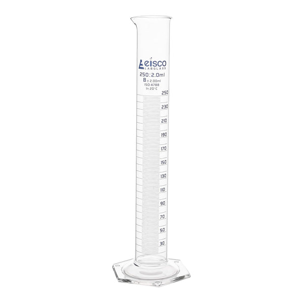 EISCO Graduated Cylinder, 250ml Class B Tolerance, Hexagonal Base, Blue Graduations