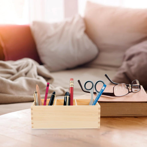 EXCEART Wood Pencil Holder for Desk, Multi-Functional Remote Control Holder with 3 Compartments for Office Supplies