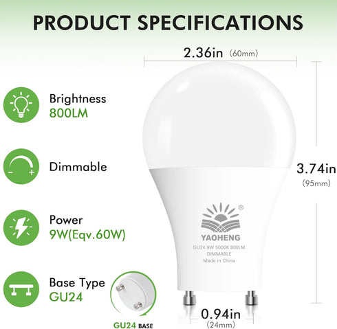 GU24 LED Light Bulb, A19 Shape Bulbs, 9W (60W Equivalent), 5000K Daylight, 800 Lumens, Dimmable 2 Prong Light Bulbs, GU24 Twist Lock Base, ETL Listed(8-Pack) by YAOHENG