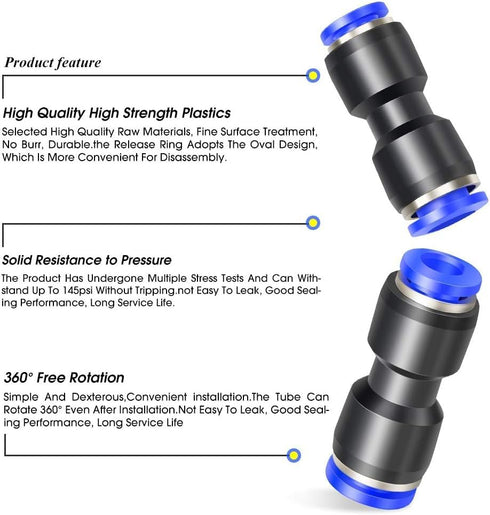 TAILONZ PNEUMATIC Blue Straight Reducing Tube OD Push to Connect Tube Fittings, 3/16" x 3/8" (Pack of 10)
