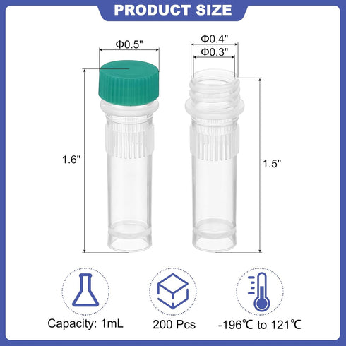 PATIKIL 1ml Plastic Cryogenic, 200Pcs Self Standing Cryogenic Vial Screw Top Frozen Test Tube for Lab Laboratory Science, Green Cap