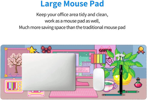 Pixel Pink Computer Mouse Pad, Extended XL Gaming Mice Pad with Stitched Edges, 31.5 X 11.8 Inch
