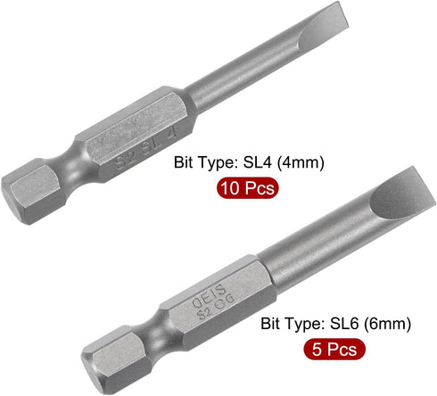 uxcell 15-Piece Magnetic Slotted Screwdriver Bit Set, 4mm & 6mm, 1/4" Hex Shank, 2" Length S2 Power Tool